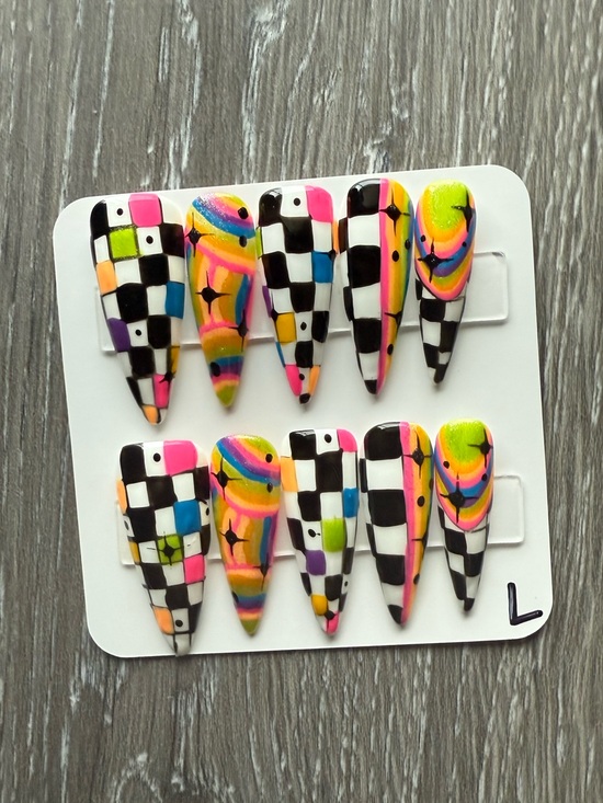 Handmade Other - Neon Checkerboard & Rainbow Swirl Press-On Nails - Multicolor